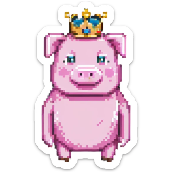minecraft pig full body pink blocky animal with square head wearing a crown sticker