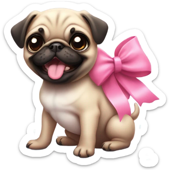 Baby pug with big pink
eyes wearing a pink bow above 1 ear sitting in a puddle   laughing  sticker