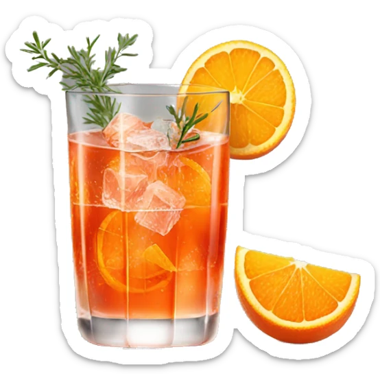 One Aperol spritz in a glass with three ice cubes, one slice of an orange, and one strand of thyme in it sticker