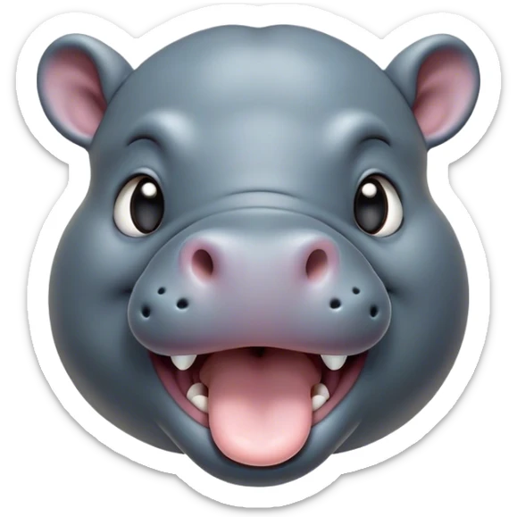 Cinematic Cute Yawning Hippo Portrait Emoji, Head tilted slightly with a dramatic, wide-open yawn, showcasing a soft, smooth slate-gray hide with gently drooping ears, round eyes barely open in drowsy contentment, Simplified yet irresistibly adorable features, highly detailed, glowing with a soft, cozy glow, high shine, relaxed yet expressive, stylized with a touch of aquatic charm, bright and endearing, soft glowing outline, capturing the essence of a sleepy yet affectionate hippo, so drowsy it feels like it could stretch out of the screen and curl up for a nap! sticker
