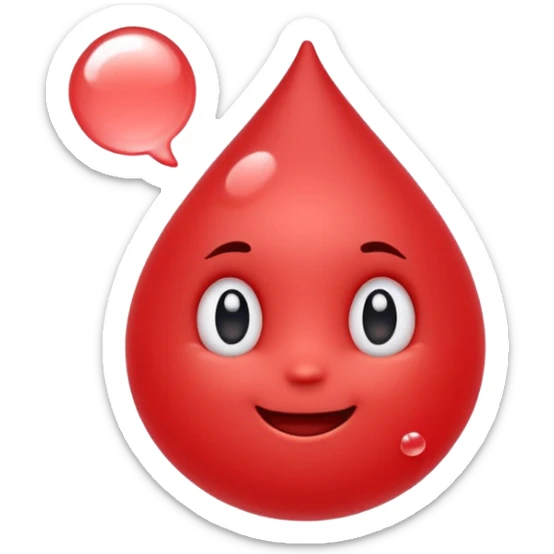 Cute red emoji character shaped like a droplet or jelly bean, with expressive eyes and a clever smile. Holding a small compressed bubble of content, like a tiny scroll or speech balloon. Symbolizes fast, smart summarization. Friendly and modern look, minimal lines, clean white background. sticker