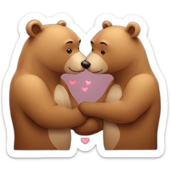 Female bear and male bear kissing, face only, with hearts above them sticker