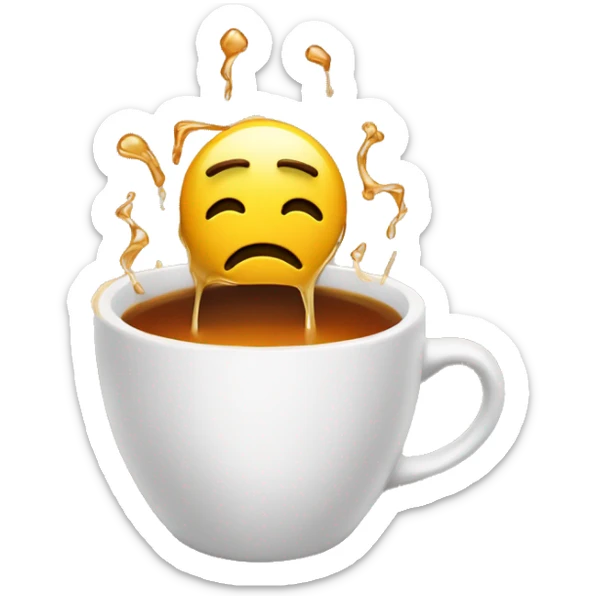 An emoji melting in a cup of tea tired from stress and worldliness, show a mess on top of head to represent stress sticker