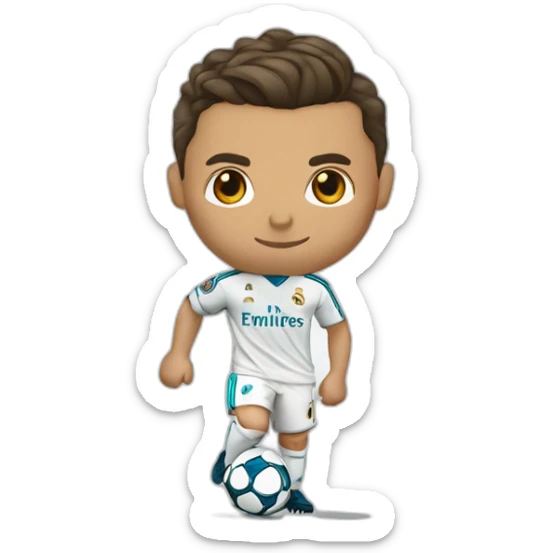 Cristiano Ronaldo, straight wavy hair, blue real Madrid jersey, Nike symbol sticker