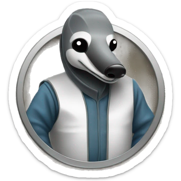 An anteater in a welder's suit stands behind a lathe sticker