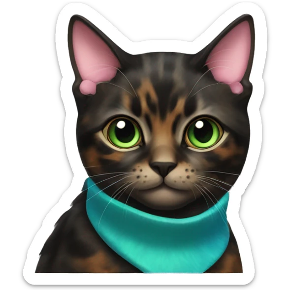 tortoiseshell cat, more black furr, with green-blue eyes and a pink collar sticker