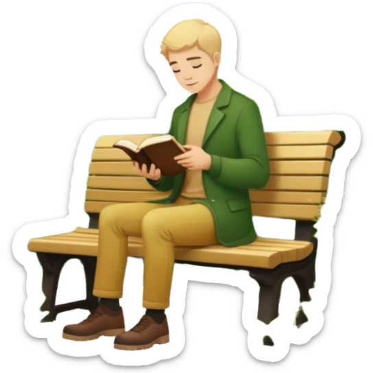 silhouette of white man sitting with book on bench surrounded by bushes gold color palette sticker