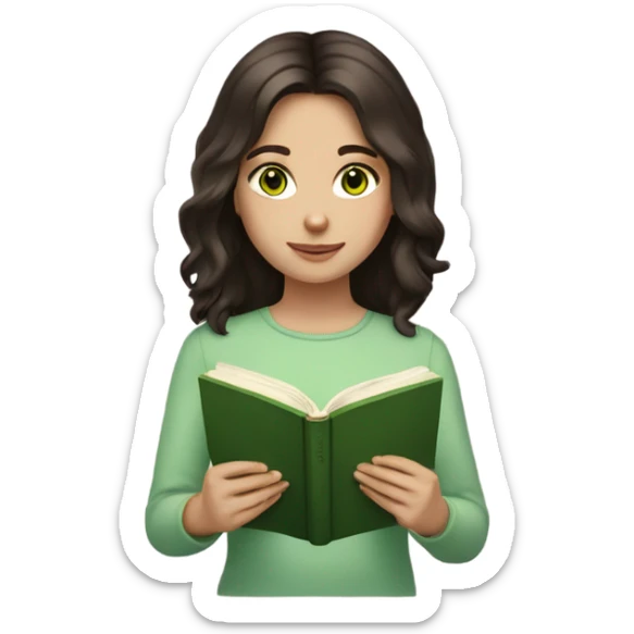 Girl with green eyes, shoulder length dark brown hair, pale skin, reading a book  sticker