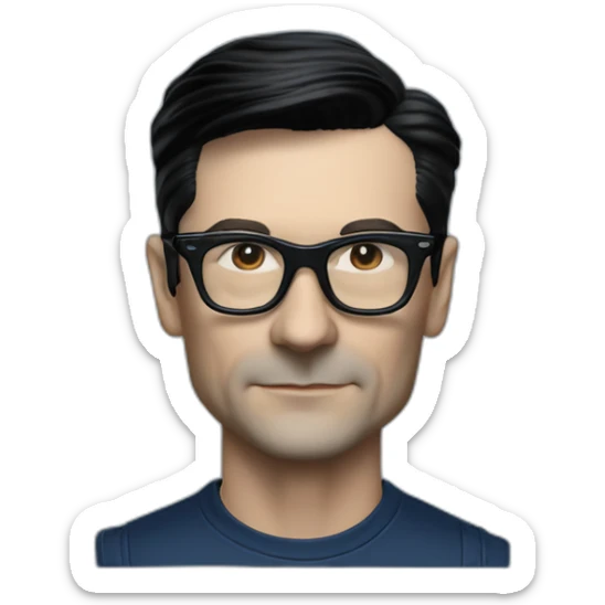 photo realistic Ralf Hutter from Kraftwerk, short straight black hair, black glasses, Dark Blue T-shirt, thin, in black tesla model 3 sticker