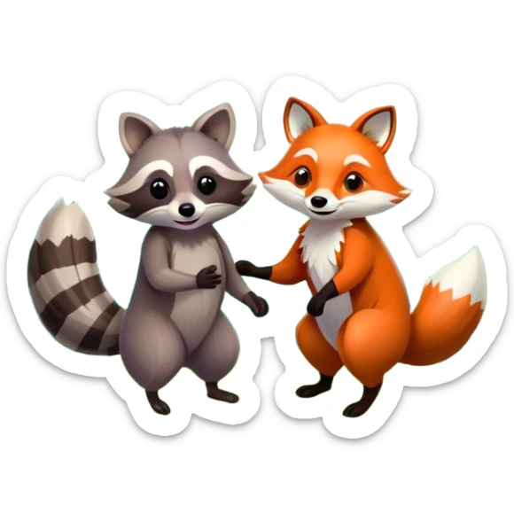raccoon and a fox in a colorful forest with vibrant green trees, bushes and flowers. The animals are in the foreground, surrounded by a lush, bright forest, with soft sunlight filtering through the leaves. A playful and wild scene with a transparent background. sticker