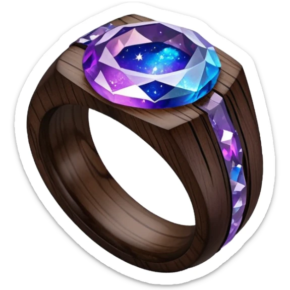 dark wood ring with epoxy resin in purple nd blue space colors and milki way crystal sticker