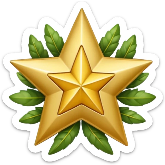 Create a gold star badge emoji in Apple emoji style with a star and a laurel wreath. Keep the background transparent. sticker