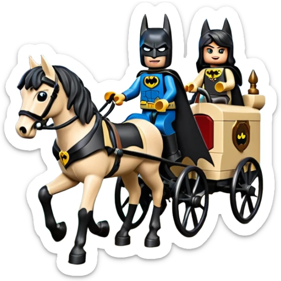  Ultra cute  Lego detailed 1854 Batman and pretty Catgirl driving dream horse drawn Caravan alone together on a romantic trail in the woods  sticker