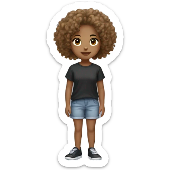 A girl with curly hair light brown skin with a baggy tee shirt and shorts with black slides sticker