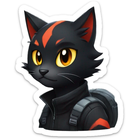 Edgy Shy Anthro boyish cool pretty dark black Litten-Pokémon-cat-fursona-animal techwear ponytail sticker