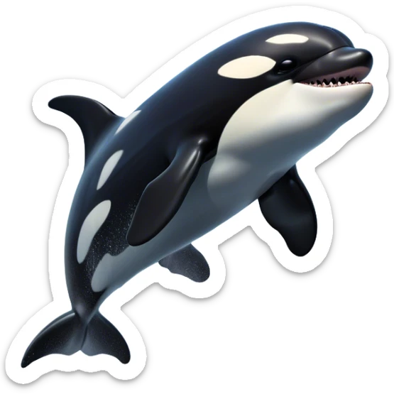Meme-Worthy Breaching orca Portrait Emoji, Bursting powerfully out of the ocean with an impressive, high-energy leap, showcasing a sleek black-and-white body glistening with water droplets and dynamic, arched posture, Simplified yet exhilaratingly expressive features, highly detailed, glowing with a vibrant marine energy, high shine, bold and full of life, stylized with an air of untamed ocean spirit, soft glowing outline, capturing the essence of an orca mid-breach, radiating pure, unstoppable aquatic power! sticker