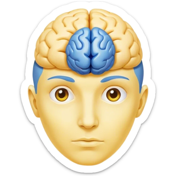 An adult person face emoji, skin is emoji yellow, with blue brain instead of hair sticker