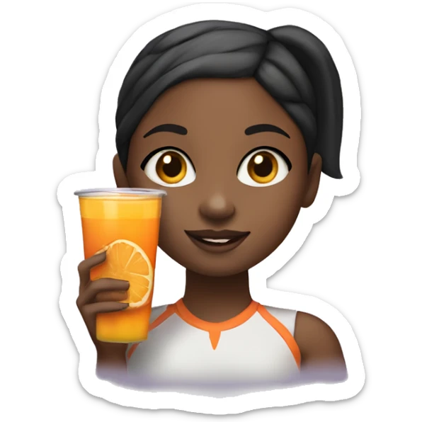 black girl with a high pony tail with straight hair in a high pony tail holding a cup of orange juice and a cookie in the other hand sticker