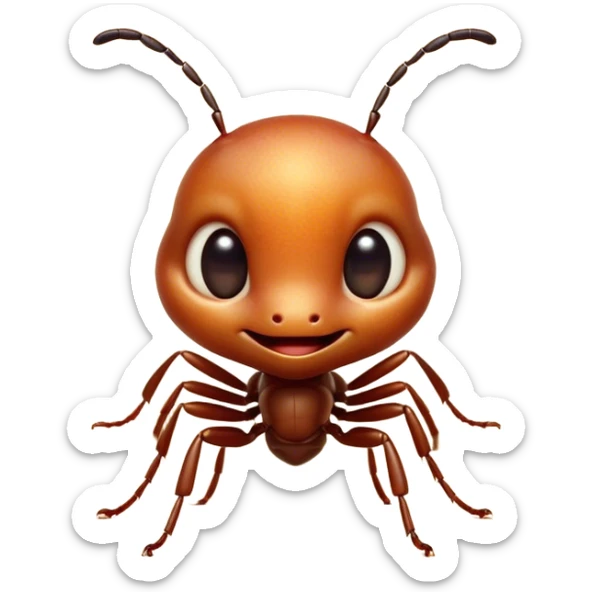 Cinematic Cute Ant Portrait Emoji, Head tilted playfully and inquisitively, featuring a minuscule, charming body with a delicately textured exoskeleton and round, sparkling eyes brimming with curious mischief, Simplified yet irresistibly adorable features, highly detailed, glowing with a warm, inviting earthy glow, high shine, affectionate and lively, stylized with a touch of whimsical industrious charm, soft glowing outline, capturing the essence of a mischievous ant that seems as if it could scurry out of the screen into your arms! sticker