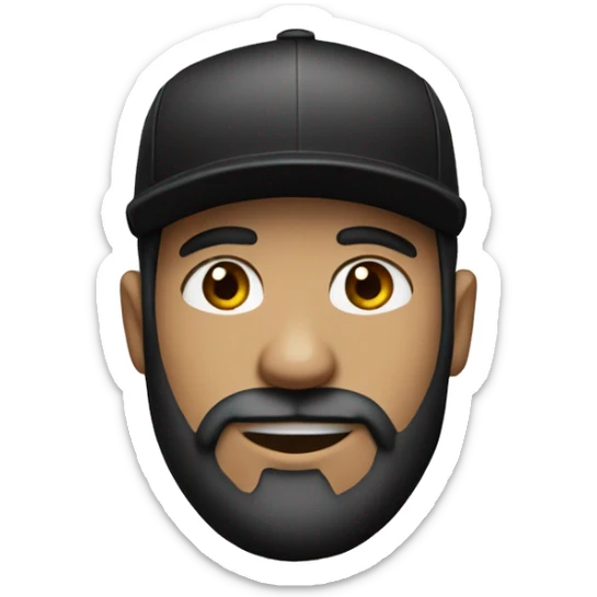 Man with black hair and beard with white skin and a black cap on and with black t shirt  sticker