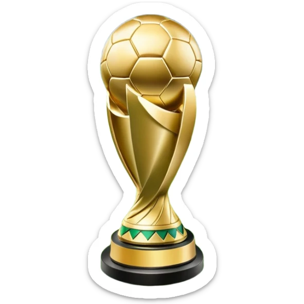 A football resting on the green grass of a soccer field, with goalposts and field markings in the background. In the foreground, the UEFA World Cup trophy gleams, symbolizing the pinnacle of football achievement, adding an element of prestige and competition to the scene. sticker