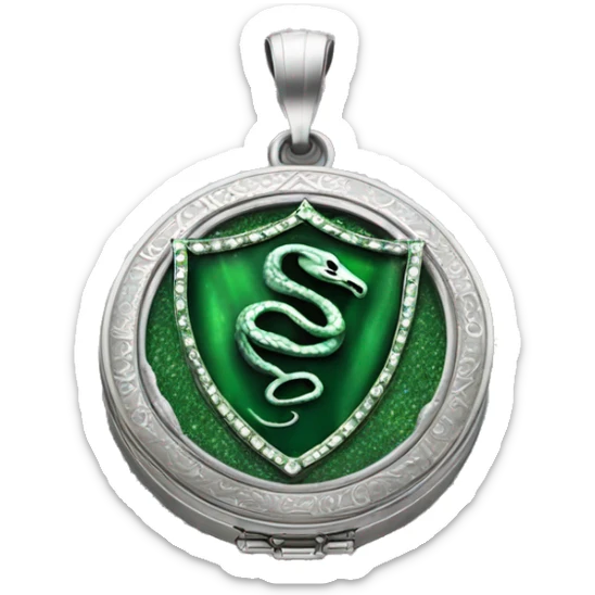 The Slytherin locket is a heavy, ornate piece of jewelry made of silver, with a large green "S" on its front. It is enchanted to contain a fragment of Voldemort's soul, making it a Horcrux, and it possesses the ability to bring out negative emotions in sticker