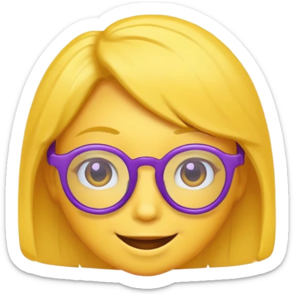 un emojis amarillo, con el cabello corto y lacio, con lentes violeta y una sonrisa sticker