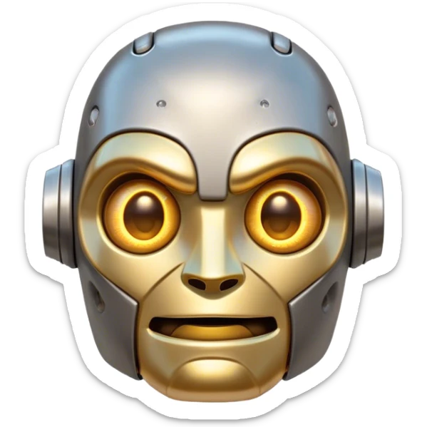 Cinematic Cute Mighty Iron Golem Portrait Emoji Head tilted playfully and inquisitively, featuring a sleek yet sturdy metal form with smooth, polished steel plating and glowing golden engravings, accented by faintly humming energy veins that pulse with life; rendered with lifelike clarity and soft, natural reflections, high shine, charming yet robust, styled with a touch of whimsical fantasy, soft glowing outline, capturing the essence of a watchful yet endearing golem, as if it might shift its massive head with a slow, thoughtful nod at any moment! sticker