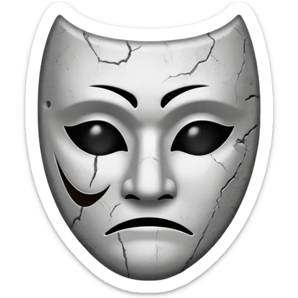 Minimalist emoji-style sticker of a sad theater mask with chipped surface, grayscale tones, one eye empty, slight burn marks

 sticker