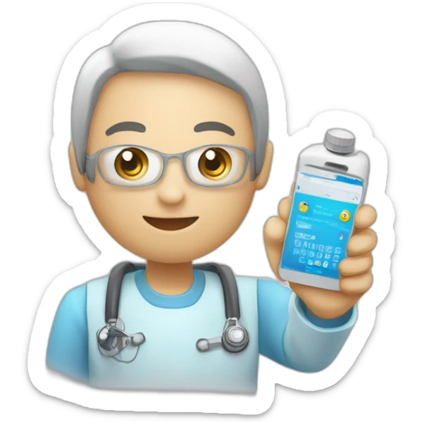 Un emoji di una persona con uno smartphone che scansiona un codice QR su un flacone di medicinale. sticker