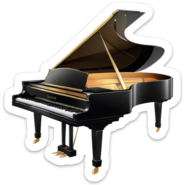 Cinematic Realistic Piano, glossy black grand piano with elegantly curved edges, pristine white and black keys, soft golden light reflecting off its polished surface, faint reflections of a musician’s hands, glowing with refined elegance and musical depth. sticker