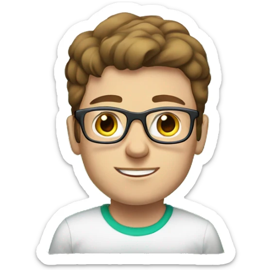 white young man with blue eyes and brown hair and square glasses wearing green t-shirt with laptop sticker