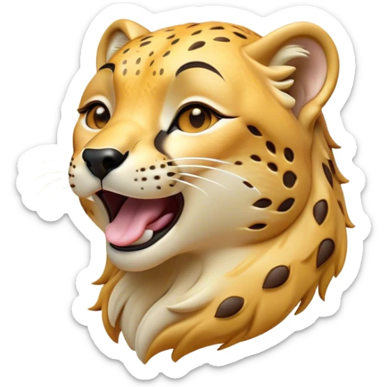 Cinematic Cute Yawning Cheetah Portrait Emoji, Head tilted slightly with a dramatic, wide-open yawn, showcasing a soft, sleek golden Fur with distinctive spots and floppy ears slightly drooping, round amber eyes barely open in drowsy contentment, Simplified yet irresistibly adorable features, highly detailed, glowing with a soft, cozy glow, high shine, relaxed yet expressive, stylized with a touch of savannah whimsy, bright and endearing, soft glowing outline, capturing the essence of a sleepy yet affectionate cheetah, so drowsy it feels like it could stretch right out of the screen and curl up for a nap! sticker