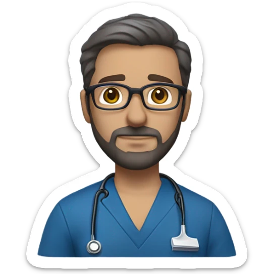 male dark blond with goatee beard doctor with hazel eyes and wire rim glasses in dark blue scrubs holding a large paintbrush sticker