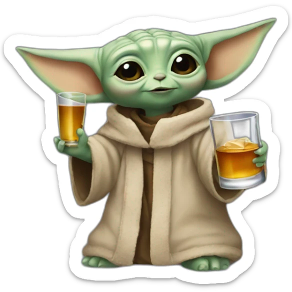 small baby Yoda holding up a big bottle of whiskey sticker