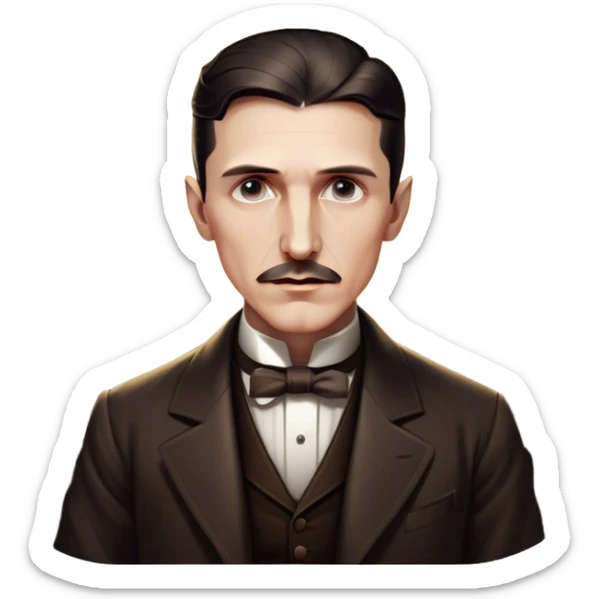 Nikola Tesla – Cinematic Realistic Portrait of Nikola Tesla, depicted as a visionary inventor with intense, thoughtful eyes and period attire, surrounded by subtle arcs of electric light and early laboratory apparatus, rendered with dramatic lighting that evokes mystery and innovation. sticker