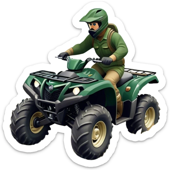 Yamaha Grizzly 700 (2019) – Cinematic-realistic Yamaha Grizzly 700 ATV, its dark green frame tearing through muddy trails. Thick off-road tires grip the rugged terrain sticker