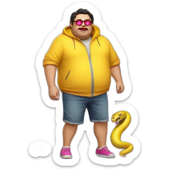 fat man with dark hair,a vibrant long yellow jacket, pink glasses, short jeans shorts. Show full lenght peson, person fighting a snake monster sticker