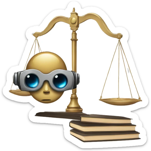 a balance of justice with a robot head on one side and a book on the other side sticker