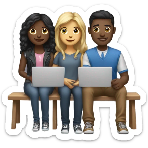 2 girl and 3 man each of them holding laptop and sit together  sticker