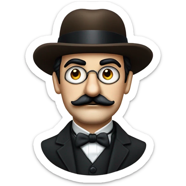 Hercule Poirot. Tête ronde. moustache peignée. Crâne chauve. Sourcils Yeux marrons. Lunettes binocles. Chapeau. Sourcils épais. sticker