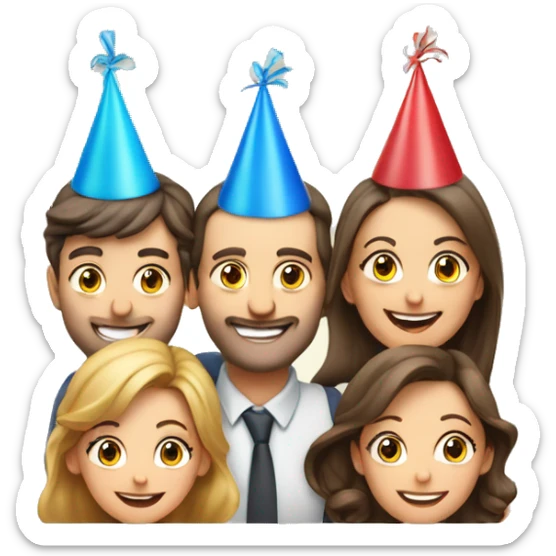 European company of 4 people (mom dad and 2 kids) celebrate birthday in birthday hats sticker