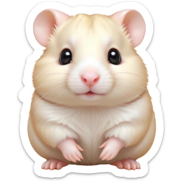 Cinematic Cute Cream Hamster Portrait Emoji, Head tilted playfully and inquisitively, featuring a silky, pristine cream coat with a gentle sheen, round, sparkling dark eyes filled with curiosity, Simplified yet irresistibly adorable features, highly detailed, glowing with a warm, friendly glow, high shine, affectionate and lively, stylized with a touch of whimsy, bright and endearing, soft glowing outline, capturing the essence of a mischievous yet loving hamster, so playful it feels like it could dash out of the screen and into your arms! sticker