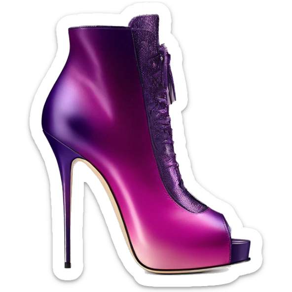 Real isolated top view of a pair of metallic magenta to dark purple ombre Jimmy Choo stiletto peep toe ankle bootie boots.  sticker