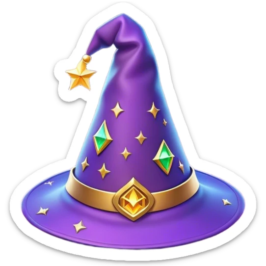 Clash of Clans aesthetic: Cinematic Playful Wizard's Hat Emoji, rendered in a 3D vector-style similar to standard emojis with minimal shading and bold, simplified shapes. A compact, isometric pointy hat with a wide brim adorned with mystical symbols and subtle enchanted shimmer, softly glowing with a magical whimsical charm. Simplified yet unmistakably iconic, highly detailed and consistent, glowing with a soft radiant glow and high shine. Stylized with a touch of classic sorcery and a soft glowing outline, capturing the essence of a legendary wizard’s hat with a friendly, playful manner! sticker