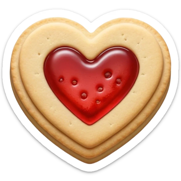 Realistic shortbread cookie in the shape of a heart with red jelly middle filling and sprinkled powder sugar on top. sticker