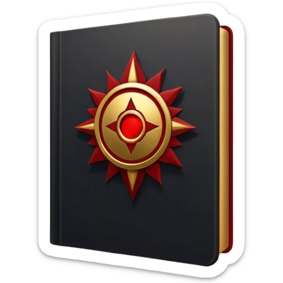 Un libro negro mate con detalles en dorado profundo o rojo oscuro, irradiando una sombra poderosa, con un símbolo de escudo protector, y una ligera aura de calor, reflejando el poder de vivir sin miedo.  sticker