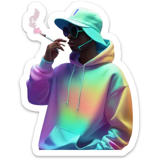 Multicoloured neon Vaporwave person smoking wearing hoodie dancing hip hop bucket hat tropical Skater fashion aesthetic baggy clothes graphic t shirt 420 sticker