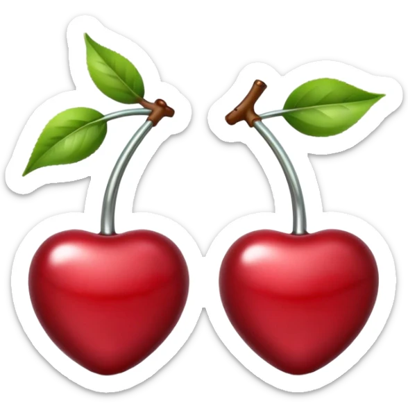 A pair of cherries emoji made of polished silver chrome, smooth rounded shapes, glossy metallic finish, soft highlights and reflections, cute proportions, iOS emoji style, centered, clean white background, no text sticker