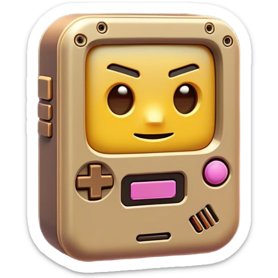 Clash of Clans aesthetic: Cinematic Playful Game Boy Portrait Emoji, rendered in a 3D vector-style similar to standard emojis with minimal shading and bold, simplified shapes. A compact, distinct form with signature details, softly glowing with a nostalgic gaming charm. Simplified yet unmistakably iconic, highly detailed and consistent, glowing with a soft radiance and high shine. Stylized with a touch of retro gaming magic and a soft glowing outline, capturing the essence of a beloved gaming relic with a friendly, playful manner! sticker